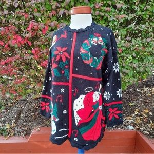 Vintage 90's Ugly Christmas Sweater Angel Snowman Wreath Tacky Holiday Large